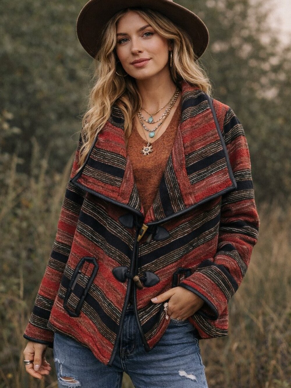 Tribal Thick Knit Wooden Button Outerwear Cardigan